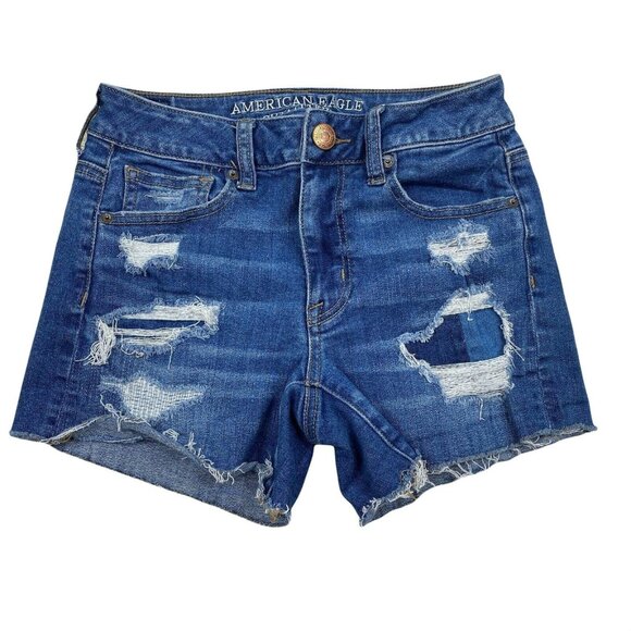 American Eagle Jean Shorts Womens 2 Super Stretch Distressed Blue Cutoff Patches - Picture 1 of 8